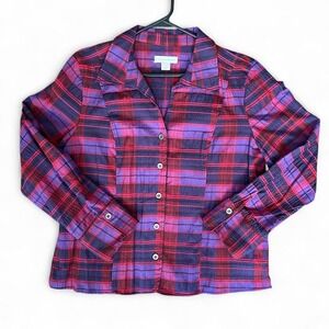 Festive Christopher & Banks plaid button up shirt purple red womens XL Vintage